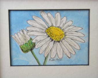 Original ACEO Watercolor Painting - Daisy Flower - Pen and Ink Art
