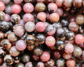 8mm black veined Rhodonite beads, full strand, natural stone beads, round, 80074