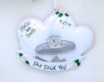 Engagement Ring with Hearts Personalized Christmas Ornament // She Said Yes! // Engagement Ornament // Personalized Ornament