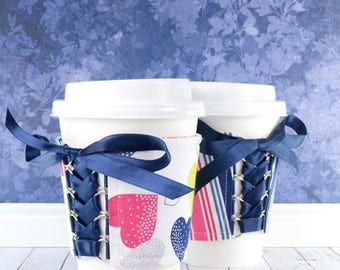 Corset Cup Cozy // Fantasy Hearts & Stripes Cup Cozy // reversible // adjustable // reusable // beverage cozy // fabric cup cozy // handmade