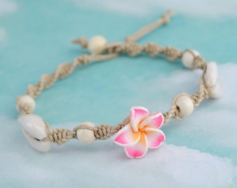 Hemp Shell Anklet, Beach Anklet, Flower Bead Anklet, Macrame Anklet, Hemp Jewelry