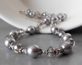 Light Gray Pearl Necklace - Pearl and Crystal Bridesmaid Jewelry Set - Grey Wedding Jewelry - Beaded Necklace - Bridesmaid Gift