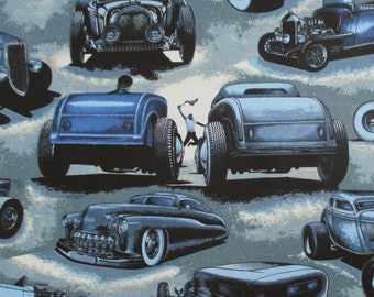 Fabric, Shadow Rods in Blue, Roadster, Classic Cars, Large Scale Print, Alexander Henry, By the Yard