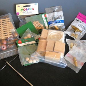 CRAFTERS!!! Lot of Miscellaneous Crafting Materials Wood Shapes, Brass Couplings Interesting Wood Pieces