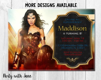 Wonder Woman Birthday Invitation, Invite, Movie, Superhero, Gal Gadot, Girl, Boys, Printable, Party, Kids, Custom, Super Heroes, 4x6