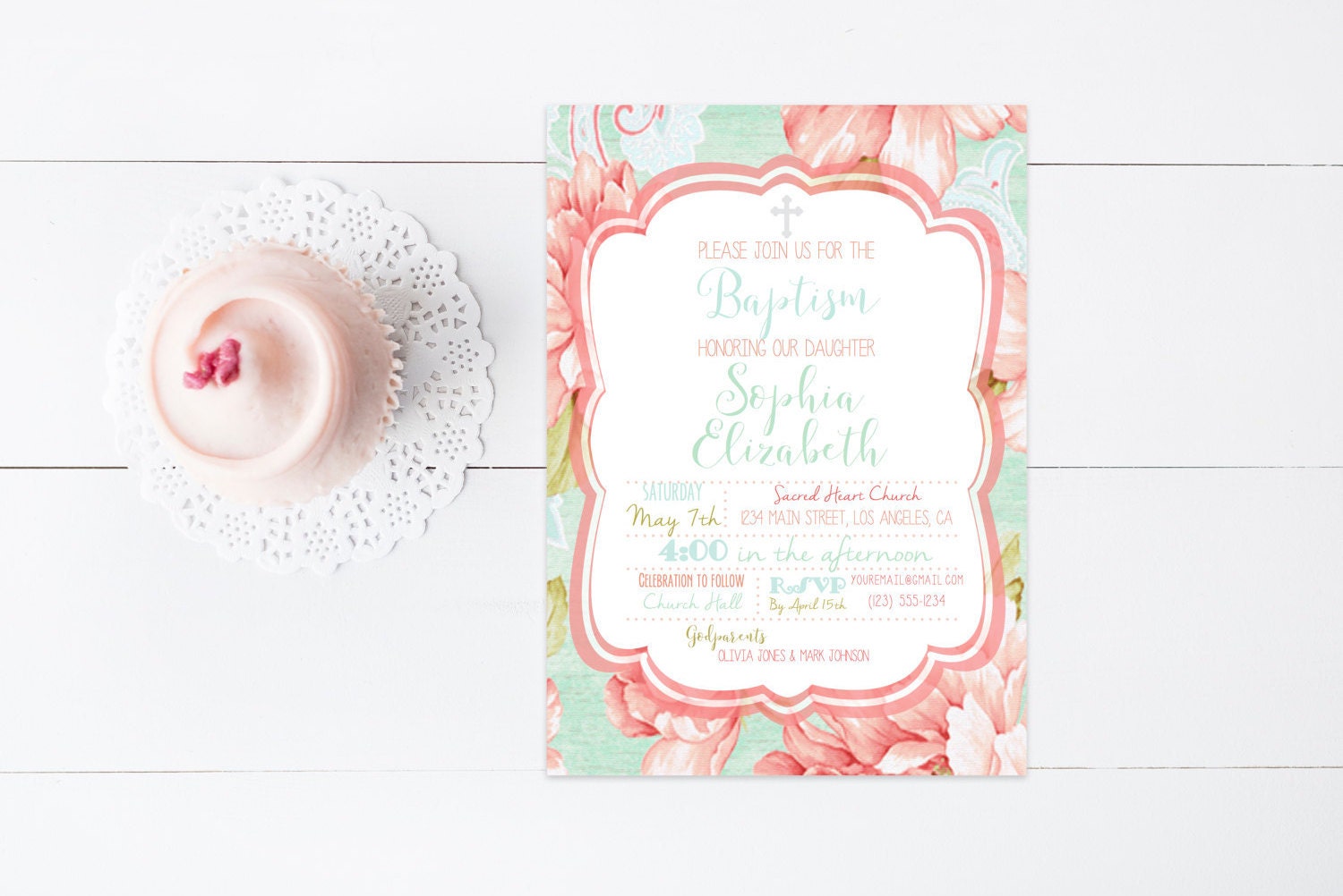 Floral Printable Baptism Christening Invitation Mint Green