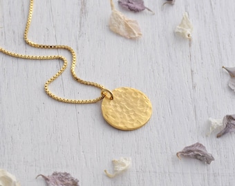 Large Hammered Gold Disc Necklace - Gold Circle Necklace - Gold Disc Pendant - Layering Necklace - Textured Disc Pendant