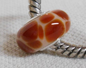 Glass Lampwork Bead Giraffe Print Beige and Brown Silver Cored Large Hole Bead