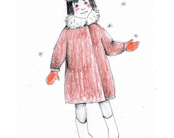 girl snowflakes child original illustration drawing figurative people art