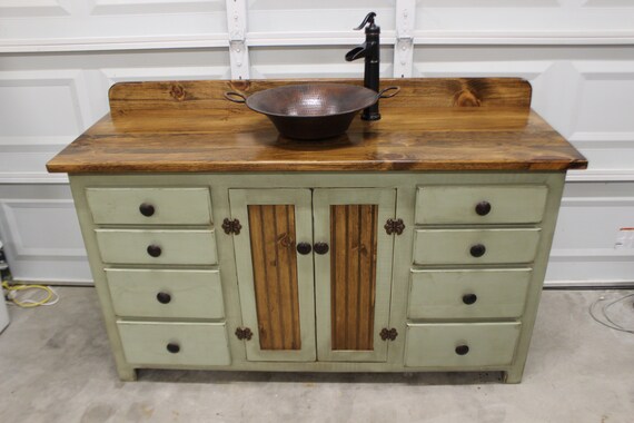 Rustic Farmhouse Vanity - Copper Sink - 60"- Sage Green - Bathroom Vanity - Bathroom Vanity with Sink - Rustic Vanity - Farmhouse Vanity