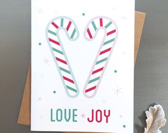 Love + Joy – Candy Cane Heart, Cute, Sweet, Whimsical Holiday Card