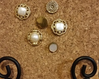 6 Decorative Gold and Pearl Colored Vintage Button Push Pin Tacks