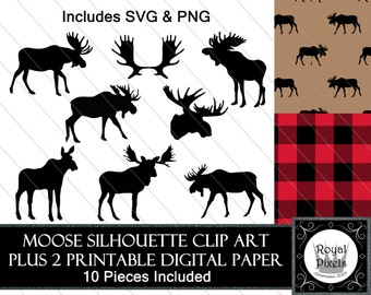 Moose Silhouette Clip Art Set of 8 PLUS 2 Digital Paper Backgrounds - 7 inches - Instant Download - Printable - PNG & SVG #70