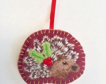 Needle felted hedgehog hanging Christmas decoration
