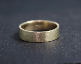 Flat 6mm Wide 14k Yellow Gold Band, Wedding Band, Flat Wide Band, Brushed Gold, Matte Gold, Hammered Band, Ready to Ship Size 9.25