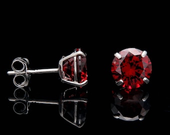 2CT Created Red Garnet Earrings 14K Real White Gold Round Solitaire Basket Studs