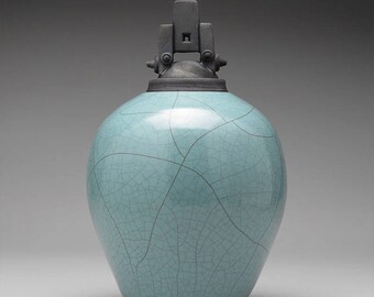 Ceramic lidded jar,urn, turquoise Green Raku Jar with lid,large urn, large jar, art pottery,wheel thrown,handmade