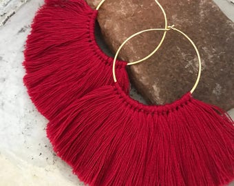 Statement earrings oversized fringe earrings tassel earrings red black teracotta ivoly gold hoop earrings boho jewlery bohemian party beach