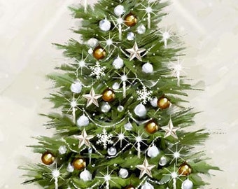 White Christmas Tree and Baubles 100% Cotton Quilting Fabric Panel Northcott