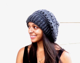 Crochet Slouchy Hat, Tam, Hippie, Women, Men, Teen, Tam, Color Charcoal,