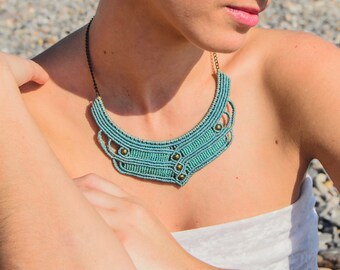 MACRAME bib NECKLACE vintage style blue and green water with golden chain tribal BOHO hippie bohemian elven fairy fantasy micromacrame