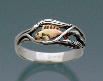 Fish Ring - Fish in Kelp ring - Sterling silver & Bronze