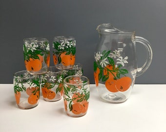 Orange juice pitcher and 6 juice glasses - vintage breakfast set