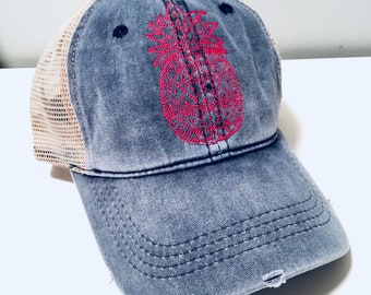 Pineapple Distressed Top Knot Hat - Pony Tail Hat - Messy Bun Hat