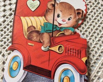 Vintage 1950s Valentine Card Teddy Bear Driving A Car Collectible Paper Ephemera Art Craft Scrap Booking