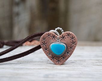 Kingman Turquoise Copper Large Heart . Handmade . Rustic . Hand Forged. Hand Stamped . Vintage Turquoise . Relics