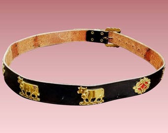 RARE Vintage MID CENTURY fun novelty Black Leather/Brass Womens Belt - S/M