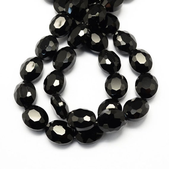 BLACK Faceted Oval Glass Beads 13x16mm 20 beads per