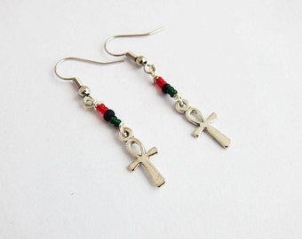 Silver Ankh Earrings RBG Egyptian Ankhs Beaded Jewelry Pan African Small