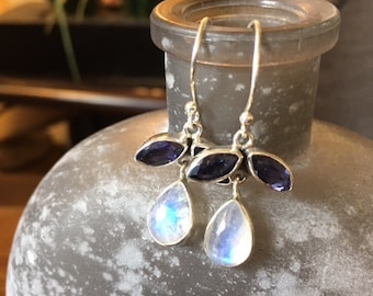 Rainbow Moonstone and Iolite 925 Sterling Silver Earrings. Gorgeous color. 1 1/4" Length.