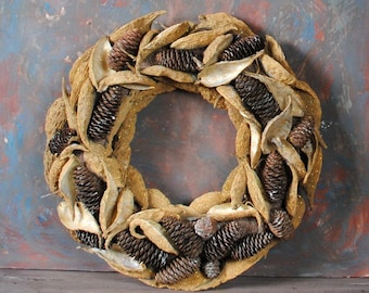 SALE ! Golden wreath with natural milkweed pods, fir cones Natural dried decor Door wreath Wall decor