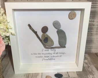 Handmade Framed Pebble Art "New Baby" Pebble Art Baby, Pebble Picture New baby, Pebble Gifts, Framed Pebble Pictures