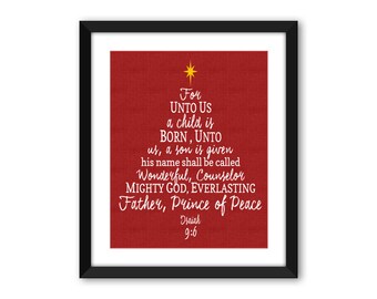 Isaiah 9:6 Red Christmas Bible Verse Digital Print - For Unto Us a Child is Born