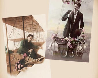 Man Balloon Flying Machine 2 New 4x6 Vintage Postcard Image Photo Prints GE14 GE05