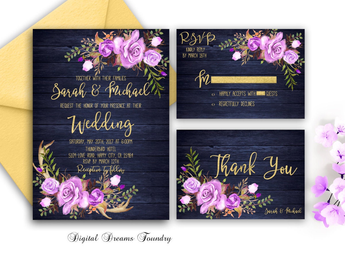 Navy Blue Wedding Invitation Printable Purple Floral Wedding