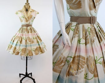 60s Dress Bud Kilpatrick XS / 1960s Vintage Dress Polished Cotton Floral / Tulips and Shells Dress