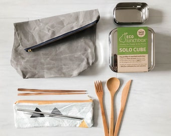 Waxed Canvas Zero Waste Lunch Bag Set - Zero Waste Lunch - Stainless Steel Container - Bamboo Utensils