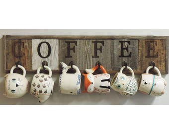 Barnwood Coffee Mug Rack Wall-Mount Coffee Cup Holder 31.5" X 7.25"