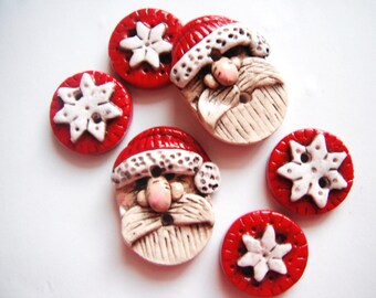 Button Rustic Folkart Santas handmade polymer clay buttons ( 6 )
