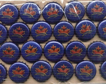 100 used, but undented, blue with red maple leaf beer bottle caps from Canada