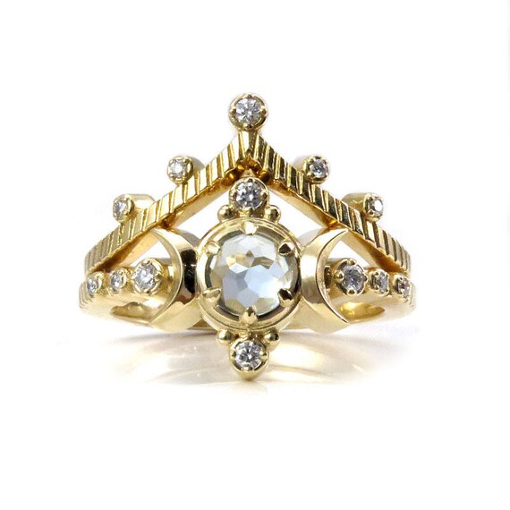 Boho Moon Ring Engagement Set - Light Blue Topaz with Diamonds