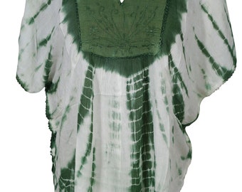 Dark Green Tie Dye Cover Up Top Kimono Style Gypsy Boho Chic Summer Fashion Rayon Loose Comfy Blouse Kaftan Top