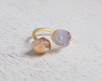 Citrine Ring, Raw Citrine Ring, Crystal Ring, Druzy Ring, Dual Stone Ring, Yellow Stone Ring, November Birthstone Gold Statement Ring, R3-18