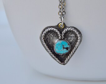 Sterling Heart Necklace . Old Turquoise . Rustic . Earthy . Boho .