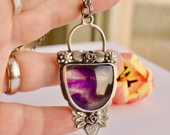 Amethyst Pendant, 925 Silver Necklace, Gift for Mom, Botanical Details, Detailed Oxidized Silver Metalwork, One of a Kind Jewelry