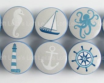 Nautical Drawer Knobs, Sailboat Knobs, Sea Animal Knobs, Octopus Knobs, Nautical Knobs Whale Knobs -Wood Knobs- 1 1/2 Inches